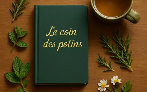 Carnet vert avec l’inscription dorée Le coin des potins, posé sur une table en bois avec une tasse de thé et des plantes aromatiques.